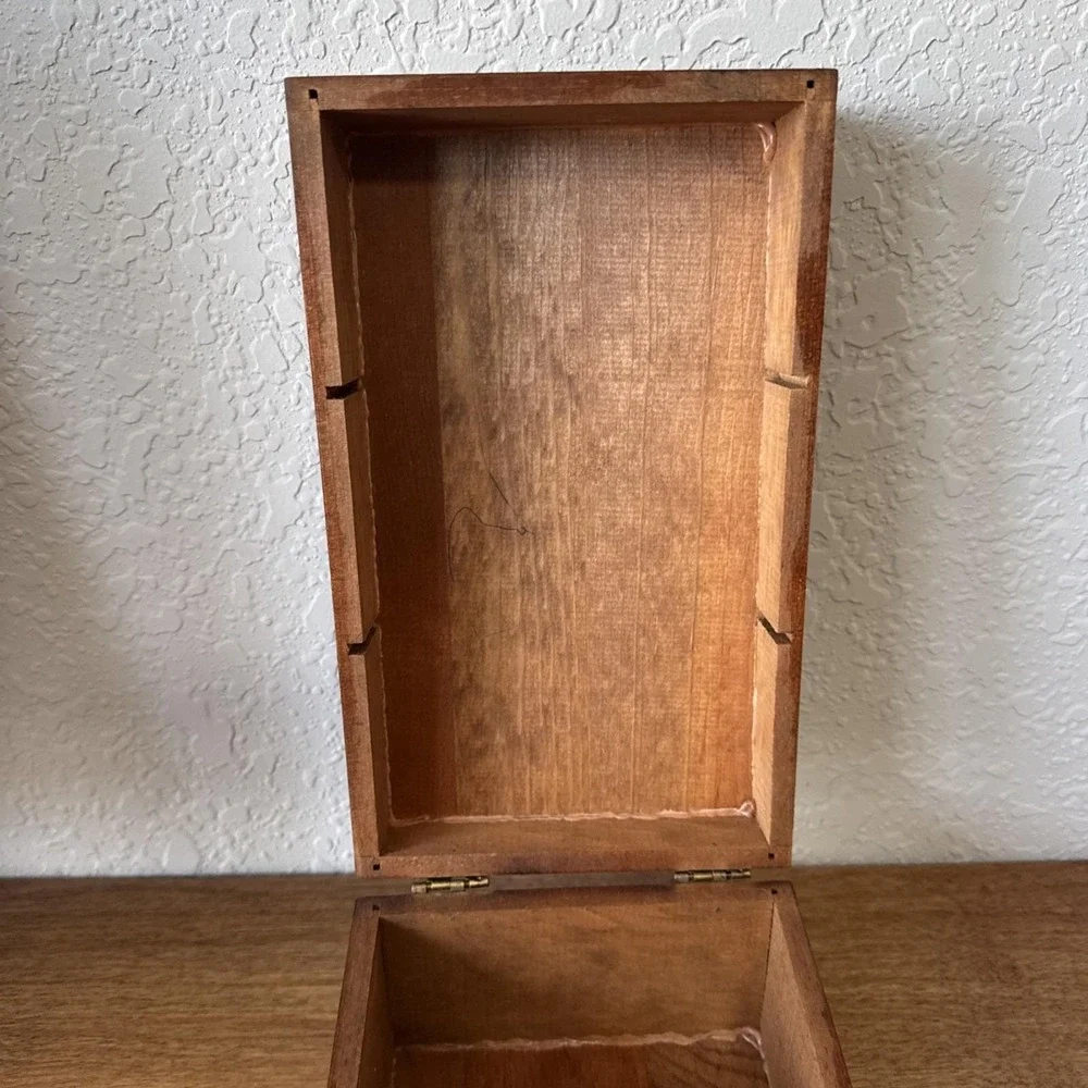 Vtg Wooden MCM Country Farmhouse 3 Section Divided Card File Recipe Box w Cards